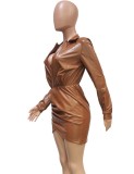 Spring Sexy Kahaki Deep V Neck Long Sleeve Pu Leather Mini Dress
