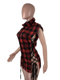 Summer Sexy Plaid Bandage Hollow Out Button Sleevess Shirt