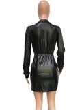 Spring Sexy Black Deep V Neck Long Sleeve Pu Leather Mini Dress