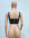 Spring Fashion Black Pu Leather Zipper Crop Top