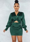 Women Spring Green Satin Cut Out Crossed Ruched Mini Club Dress