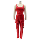 Spring Women Red Leather Sexy Crop Top and High Waist Pants Two Piece Set