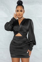 Kadın Bahar Siyah Saten Kesik Çapraz Dantelli Mini Club Elbise
