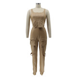 Spring Women Khaki Leather Sexy Crop Top and High Waist Pants Two Piece Set