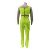 Spring Women Green Leather Sexy Crop Top and High Waist Pants Two Piece Set
