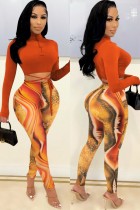 Damen Frühling Orange Enges Crop Top und Print High Waist Leggings Zweiteiliges Set