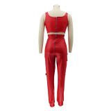 Spring Women Red Leather Sexy Crop Top and High Waist Pants Two Piece Set