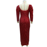 Spring Elegant Red Sequins Boat Neck Puffed Sleeve Evening Dress