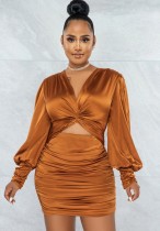 Women Spring Brown Satin Cut Out Crossed Ruched Mini Club Dress