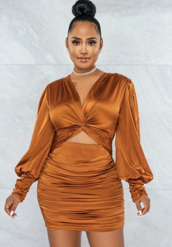 Women Spring Brown Satin Cut Out Crossed Ruched Mini Club Dress