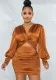 Women Spring Brown Satin Cut Out Crossed Ruched Mini Club Dress