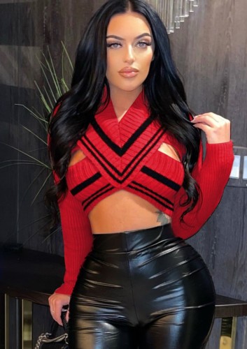 Women Spring Red Knitting Hollow Out Long Sleeve Crop Top