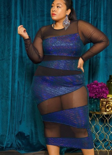 Women Spring Blue Patch Mesh Long Sleeve Sexy Plus Size Party Dress