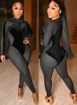 Women Spring Black Velvet Patch Sexy Mesh Tight Fitting Party Jumpsuit