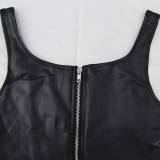 Spring Women Black Leather Sexy Crop Top and High Waist Pants Two Piece Set
