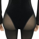 Women Spring Black Velvet Patch Sexy Mesh Tight Fitting Party Jumpsuit