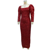 Spring Elegant Red Sequins Boat Neck Puffed Sleeve Evening Dress