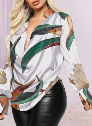 Blusa formal feminina Spring Green Leafs com estampa em V profundo de manga comprida