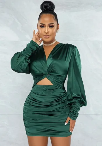 Women Spring Green Satin Cut Out Crossed Ruched Mini Club Dress