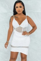 Women Summer White Beaded Strap Mesh Club Dress