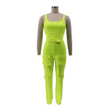 Spring Women Green Leather Sexy Crop Top and High Waist Pants Two Piece Set