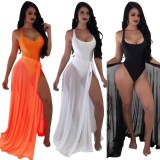 Summer Women Sexy White U Neck Backless Straps Holidays Bodysuit and Long Mesh Beach Cover Up Wholesale 2 Piece Outfits