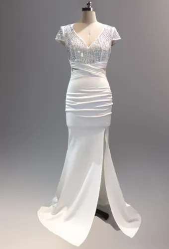 Spring Women Elegant White Rhinestone Beaded V Neck Short Sleeve Slit Formal Cocktail Evening Dress
