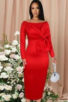 Primavera mujer elegante rojo gran lazo fuera del hombro manga larga elegante vestido de fiesta con abertura