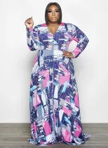 Spring Plus Size Fashion Print V Neck Long Sleeve Long Dress