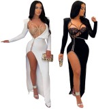 Spring Women Sexy Black Lace See Through Straps Bodysuit and Long Sleeve Beaded Slit Long Dress Two Piece Set