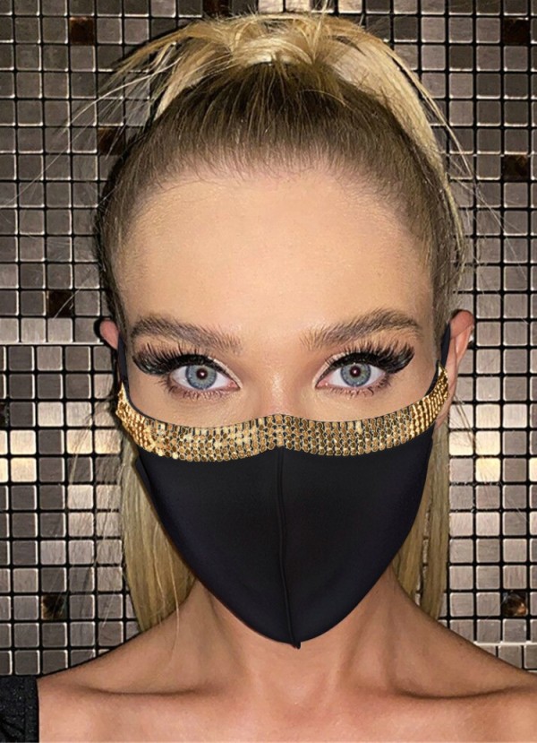 Women Fashion Bling Bling Golden Beaded Black Face Party Mask