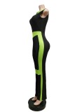 Spring Women Green Color Blocking Round Neck Sleeveless Zipper Up Fitness Jumpsuit