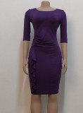 Summer Women Elegant Purple Round Neck Half Sleeve Ruffled Bodycon Midi Dress