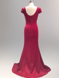 Spring Women Elegant Red Rhinestone Beaded V Neck Short Sleeve Slit Formal Cocktail Evening Dress