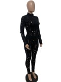 Spring Sexy Black Hollow Out High Neck Long Sleeve Top And Pant Wholesale 2 Piece Sets