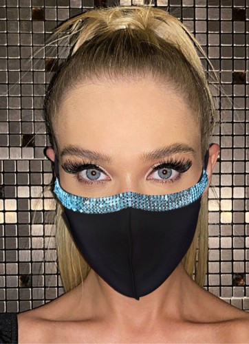 Máscara de festa feminina com blindex azul prata frisada preta