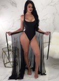 Summer Women Sexy Black U Neck Backless Straps Holidays Bodysuit and Long Mesh Beach Cover Up Wholesale 2 Piece Outfits
