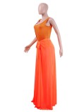 Summer Women Sexy Orange U Neck Backless Straps Holidays Bodysuit and Long Mesh Beach Cover Up Wholesale 2 Piece Outfits
