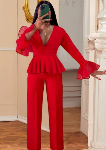 Conjunto de calças femininas elegantes com decote em V vermelho malha malha manga larga e cintura alta Conjunto de calças de perna larga atacado roupas de duas peças