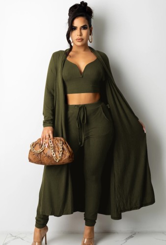 Spring Green Knit Crop Top And Pants With Matching Cardigans 3 Piece Set