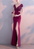 Spring Women Elegant Purplish Red Rhinestone Beaded V Neck Short Sleeve Slit Formal Cocktail Evening Dress