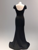 Spring Women Elegant Black Rhinestone Beaded V Neck Short Sleeve Slit Formal Cocktail Evening Dress