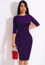 Verano mujer elegante púrpura cuello redondo media manga con volantes vestido midi ajustado