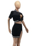 Summer Fashion Black Sport Baseball Short Sleeve Crop Top And Slit Skirt Wholesale Womens 2 Piece Sets