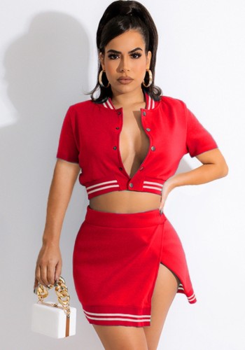 Summer Fashion Red Sport Baseball Short Sleeve Crop Top And Slit Skirt Wholesale Womens 2 Piece Sets