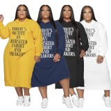 Spring Plus Size Casual White Letter Pring Long Sleeve With Hood Midi Dress