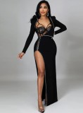 Spring Women Sexy White Lace See Through Straps Bodysuit and Long Sleeve Beaded Slit Long Dress Two Piece Set