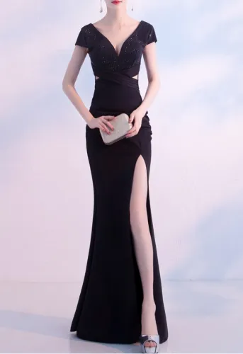 Spring Women Elegant Black Rhinestone Beaded V Neck Short Sleeve Slit Formal Cocktail Evening Dress