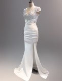 Spring Women Elegant White Rhinestone Beaded V Neck Short Sleeve Slit Formal Cocktail Evening Dress
