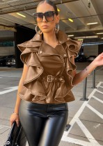 Весенняя женская коричневая куртка с отложным воротником на молнии без рукавов с оборками из искусственной кожи с поясом